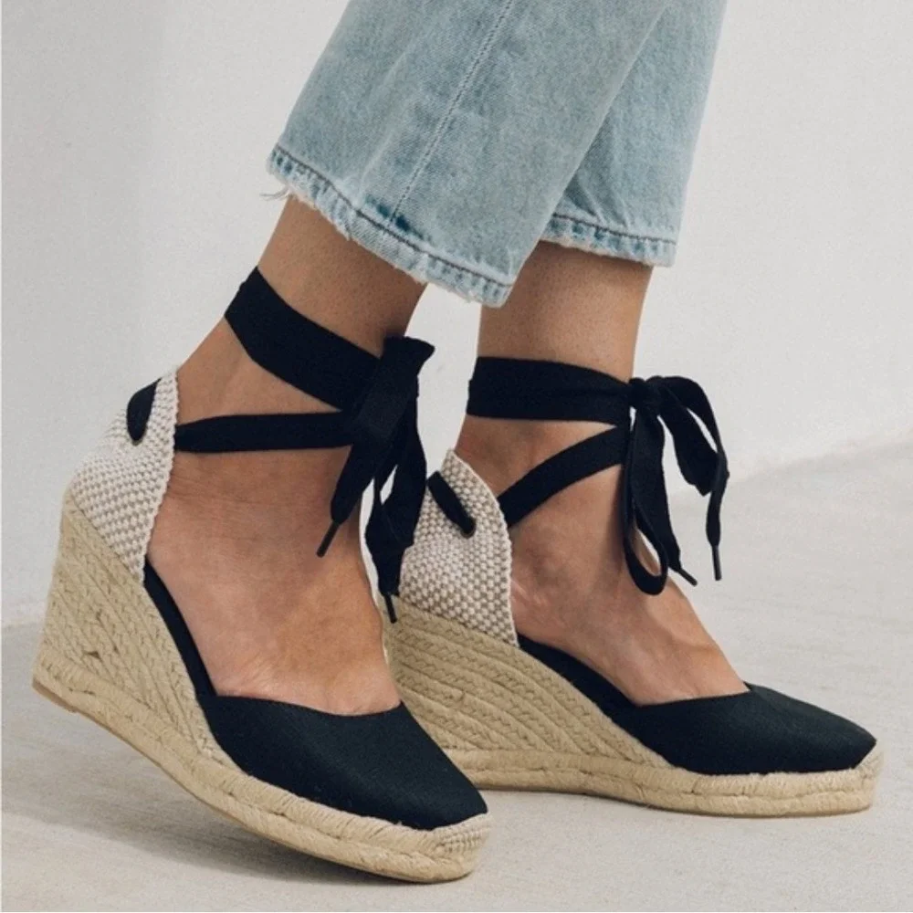 Soludos Black Canvas Marseille Wedge Lace Up Espadrille Sandals Womens Size 8
